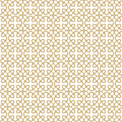 Vector geometric abstract texture. Golden seamless pattern with curved lines, floral silhouettes, organic shapes, grid, lattice. Simple gold and white ornament background. Elegant repeating geo design