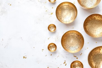 Top down arrangement of golden singing bowls on a white backdrop Room for text