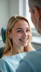 A young woman with braces smiles brightly while sitting in a dental chair, engaging with her dentist. Ideal for promoting orthodontic services, dental health, and patient comfort