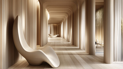 Simple hallway with a single sculptural chair, neutral tones, and gentle lighting for a calm ambiance