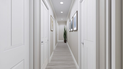 Obraz premium Simple hallway with light gray walls and a single, colorful framed artwork for a pop of color