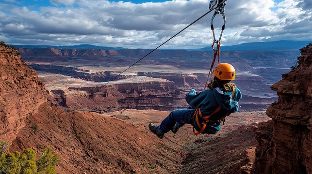 A person zip-lining over a picturesque canyon, showcasing adventure and breathtaking views of the landscape.