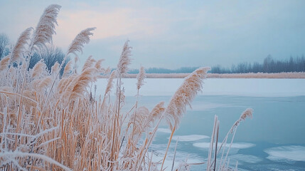 Naklejka premium Frost-covered reeds by a serene frozen lake at dawn in winter