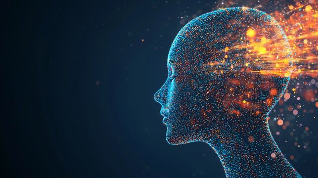 Represent the flow of data or light as a human head, with digital patterns or flows around the head to give the impression that AI is understanding human mental processes.