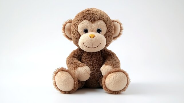 A cute, plush monkey toy with a round face, brown fur, and a friendly smile, sitting against a simple white background.