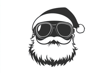 Naklejka premium Santa with sunglasses and hat, holding a surfboard on a beach.