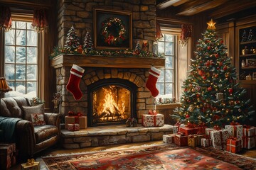 Cozy Christmas living room with a fireplace, tree, and gifts on a winter evening
