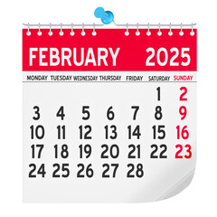 February 2025 Monthly Wall Calendar, 3D rendering isolated on transparent background