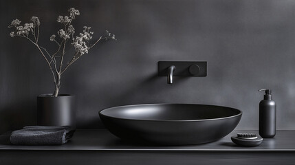Small minimalist bathroom with a floating vanity in matte black and minimal accessories