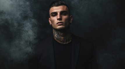 Fototapeta premium A portrait of a tattooed man in a dark setting, exuding confidence and intensity.