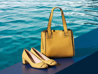 Yellow, leather, women's bag and ballerina style, slightly high heels. Stillife photo taken in a studio, in a pool setting.