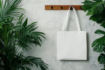 Minimalist White Tote Bag Hanging on Rustic Hook Against Concrete Wall with Tropical Plants