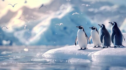 Obraz premium Four penguins standing on an ice floe by the sea, with a scenic icy backdrop and soft sunlight.