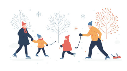 Winter vacation set. Families, children skating on ice, sledding, country houses. Flat vector illustrations.
