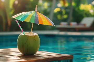 Tropical mockup card featuring a green coconut drink with a paper straw and a rainbow umbrella set on wood by a pool at a beach resort with space for text