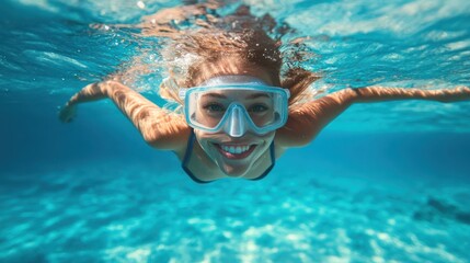 Fototapeta premium A smiling woman swimming underwater with goggles, enjoying a vibrant aquatic environment.