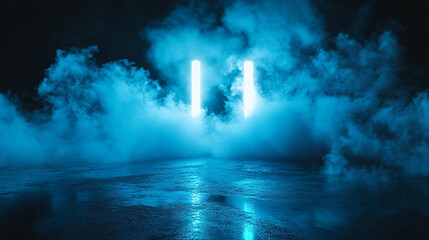 Fototapeta premium Mysterious blue fog enveloping a dimly lit space with bright vertical lights at night