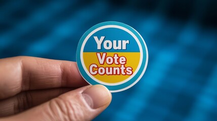 Hand holding a sticker promoting voting awareness, blue and yellow design, green background.