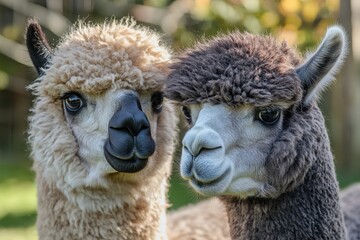 Obraz premium Two alpacas one dark fawn and one medium silver grey Lama pacos