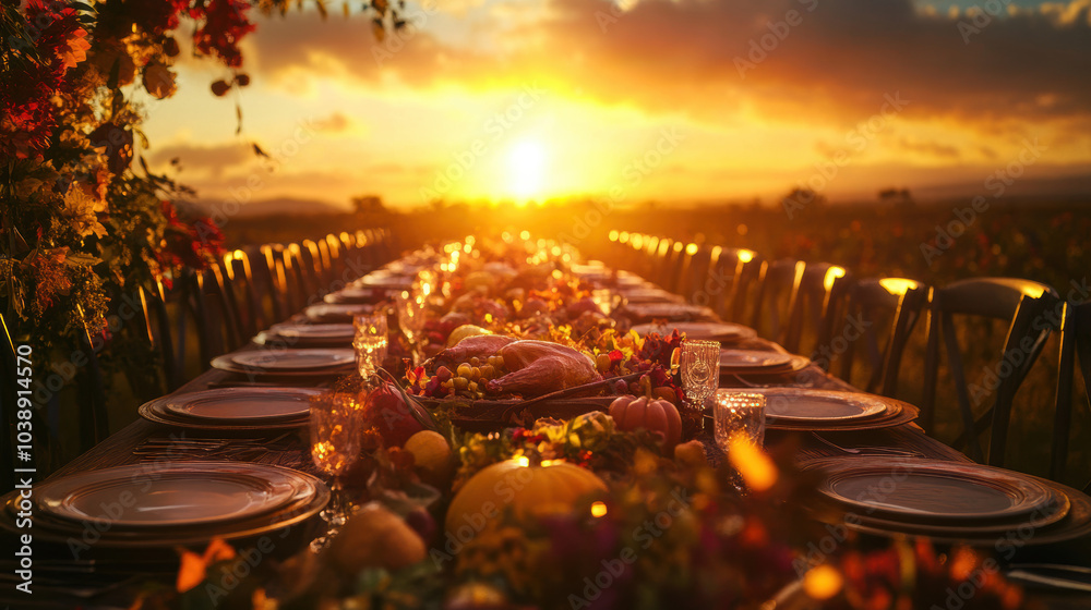 Wall mural a long table with a sunset in the background and a floral arrangement