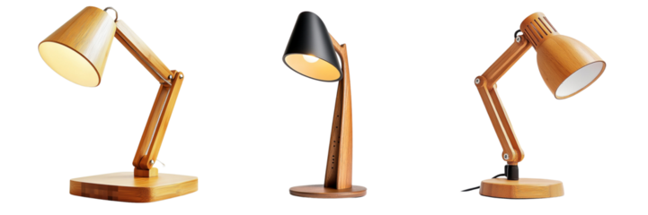 Set of An elegant wooden hand-made rechargeable table lamp with a minimalist design, standing alone on transparent background. Ai generated
