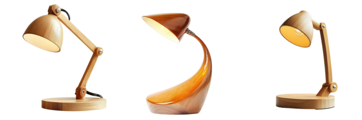 Set of An elegant wooden hand-made rechargeable table lamp with a minimalist design, standing alone on transparent background. Ai generated