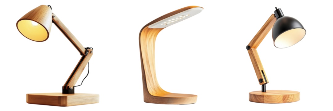 Set of An elegant wooden hand-made rechargeable table lamp with a minimalist design, standing alone on transparent background. Ai generated - Powered by Adobe