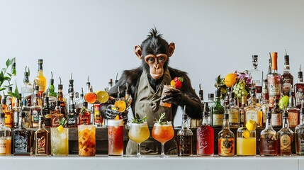 A whimsical scene of a monkey bartender mixing colorful cocktails behind a vibrant bar filled with various bottles.