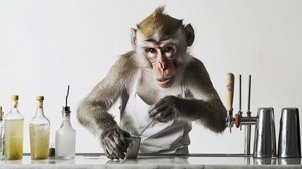 A monkey in an apron mixes drinks at a bar, surrounded by bottles and bar equipment, adding a playful twist to the bartender role.