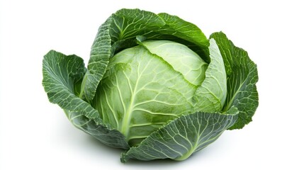 Obraz premium A fresh green cabbage with tightly packed leaves, ready for culinary use.