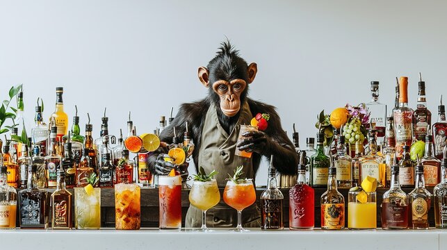 A whimsical scene of a monkey bartender mixing colorful cocktails behind a vibrant bar filled with various bottles.
