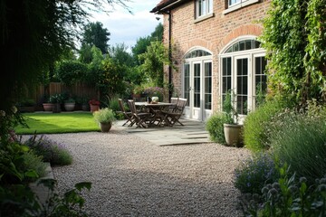 Obraz premium UK home with patio and French doors cottage or courtyard garden featuring gravel and York stone paving