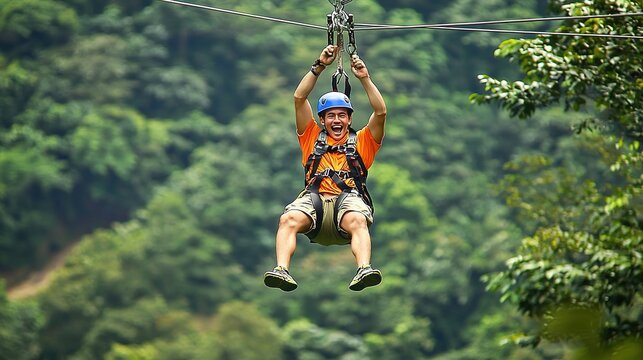 A person enjoys ziplining through a lush green landscape, showcasing an adventurous outdoor activity.