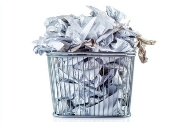 Unrecyclable crumpled paper discarded in a metal bin Office garbage bin overflowing with waste Trash and paper waste on white background with a clipping path