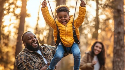 Obraz premium A joyful child swings in the park with parents in the background, surrounded by trees, celebrating a moment of family happiness in warm autumn light.