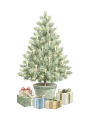 Watercolor vintage green classic Christmas tree in pail with garland of candles with gift boxes isolated on white background. Hand drawn illustration sketch