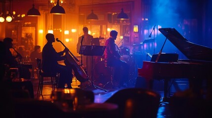 Live jazz performance in a vibrant lounge with musicians creating a soulful ambiance.