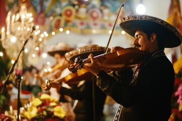 A mariachi band playing lively songs at a festive altar. 