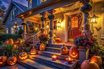 Obraz premium Carved pumpkins, lanterns aglow, a haunting welcome for a spooky Halloween.