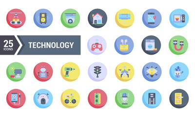 25 Colorful Circle Technology Icons for Web Design.