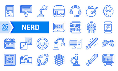 Blue Lineal Icons Set for Nerds and Geeks.