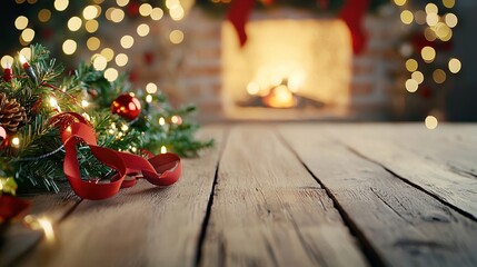   A wooden table with a Christmas tree and a red ribbon