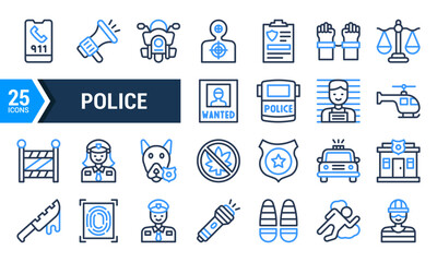 Blue and White Line Police Icon Set for Website and Mobile App Design.