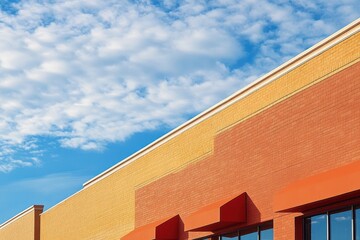 Vertical orange brick facade and horizontally placed red brick atop a strip mall against a cloudy blue sky