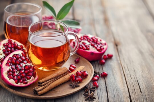 Vertical tea with star anise cinnamon and pomegranate on a wooden table
