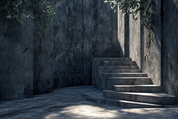 Obraz premium Serene Sunlit Stone Steps Amidst Leafy Shadows in Concrete