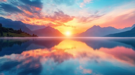 Obraz premium Serene Sunset over Mountain Lake