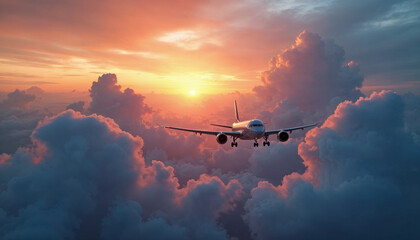 Commercial airplane flying above dramatic clouds during sunset.