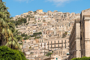 Obraz premium View of Modica Alta from the main street of Modica Bassa in the province of Ragusa, Eastern Sicily