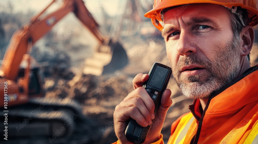 Poster a close-up of a construction supervisor in an orange hard hat and reflective jacket, holding a walki